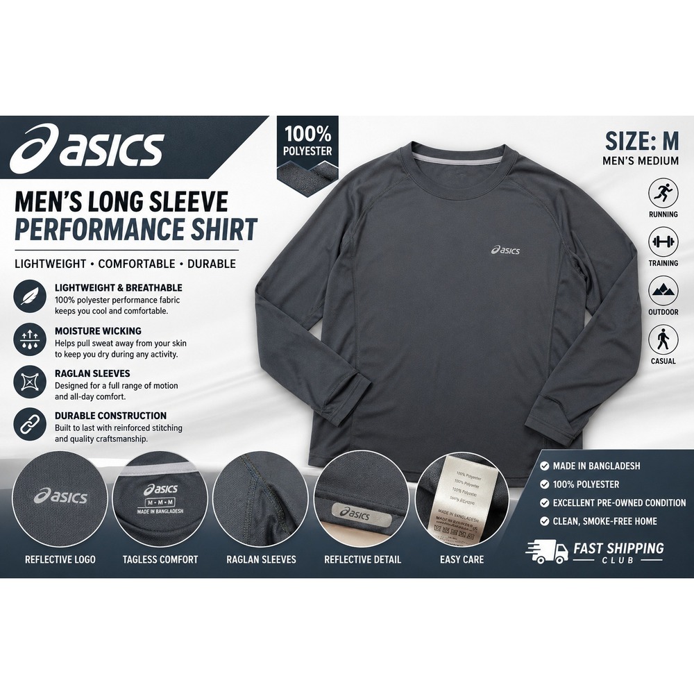 Asics Mens Gr Long Sleeve Running Shirt Zippered Back Pocket Size Medium‎ MR0213